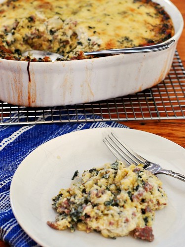 Spinach, Sausage and Polenta Breakfast Casserole #SundaySupper by @TheRedheadBaker