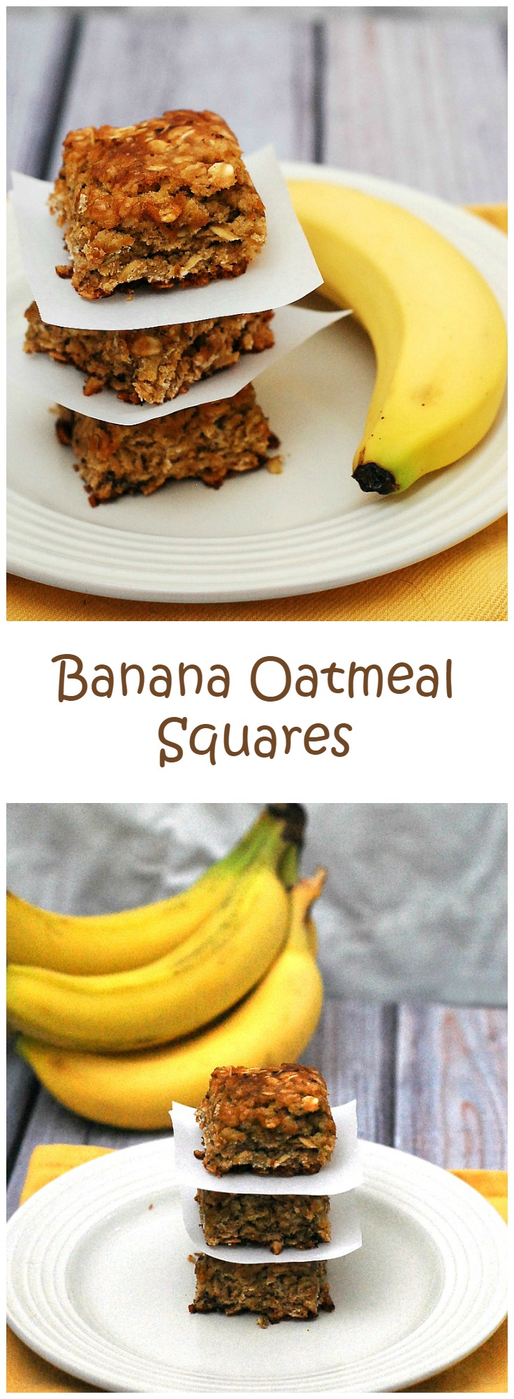 Use up an overripe banana in these tender, delicious banana-oatmeal squares. These treats are low-fat, so it's okay to eat two! theredheadbaker.com #CLBLogger