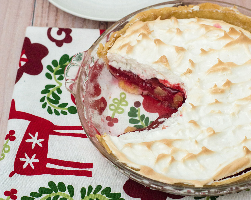 If you like lemon meringue pie, you'll love this holiday cranberry meringue pie, which uses cranberry curd filling instead of lemon, topped with sweetened whipped egg whites. 