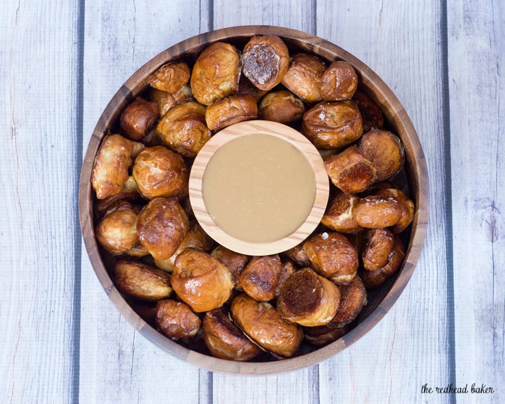 Pretzel bites with honey mustard dip are a versatile snack for kids of all ages. Enjoy a few any time you need a sweet-and-salty snack! #ProgressiveEats TheRedheadBaker.com