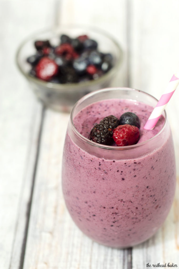 This simple, healthy 3-ingredient berry-vanilla smoothie is the perfect breakfast on-the-go for adults and kids alike. Use your favorite combo of berries! #CLBlogger TheRedheadBaker.com