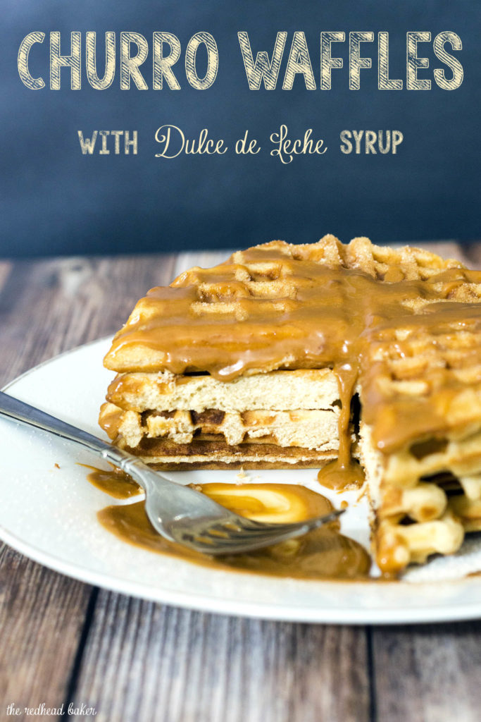 Like the Mexican pastry, churro waffles are coated in cinnamon sugar and drizzled with dulce de leche sauce. Enjoy for breakfast or dessert! #SundaySupper