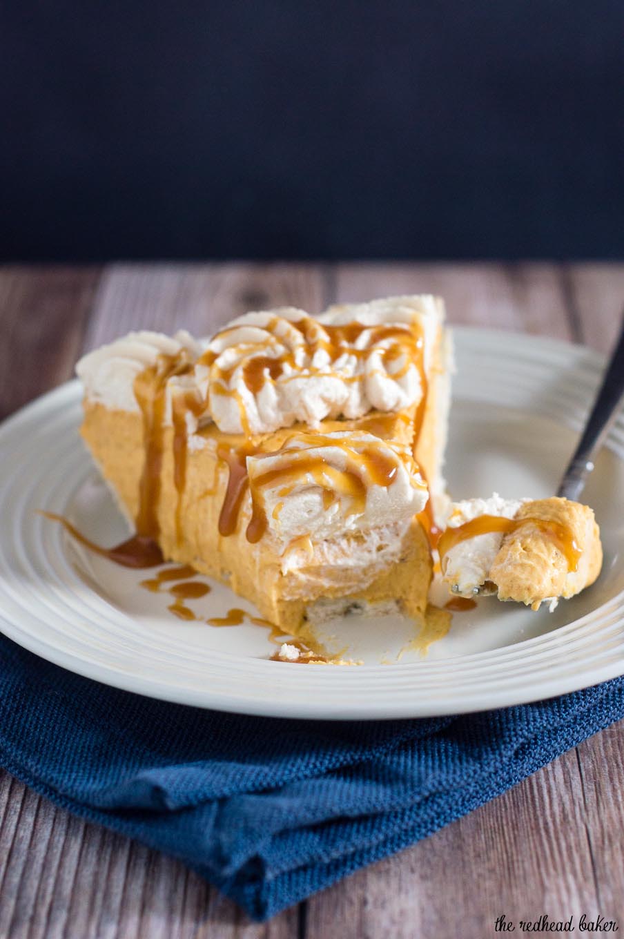 Pumpkin cream pie has all the flavor of classic pumpkin pie with a slightly different texture. It's topped with decadent salted caramel whipped cream.