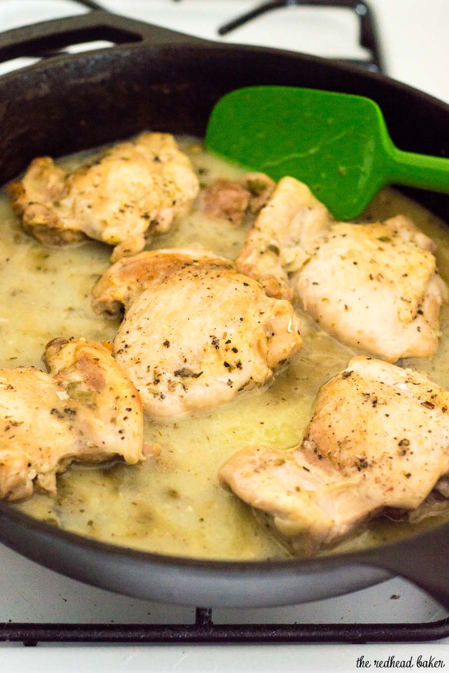 Chicken piccata, ready in under 30 minutes! This dish uses quick-cooking chicken thighs instead of pounded-thin breasts, and skips the flour coating. #SundaySupper