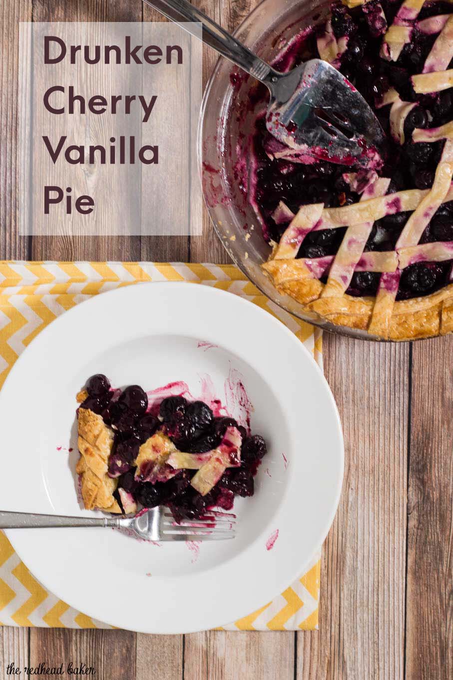 We're celebrating Pi{e} Day! Drunken cherry vanilla pie combines cherries, vanilla bean, and brandy in a flaky pie crust. 