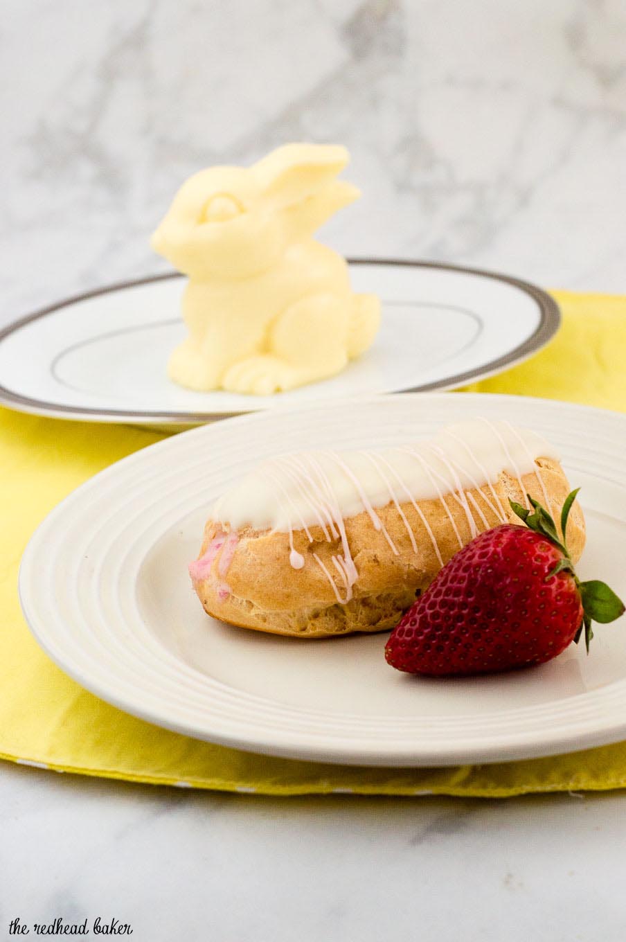 Hop into spring with strawberry-lemon eclairs, filled with fruit-flavored pastry cream then dipped in white chocolate ganache. #ad