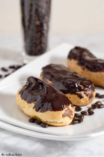 Mocha eclairs are filled with pastry cream flavored with chocolate and coffee extract — what better pastry to serve at a brunch? #BrunchWeek