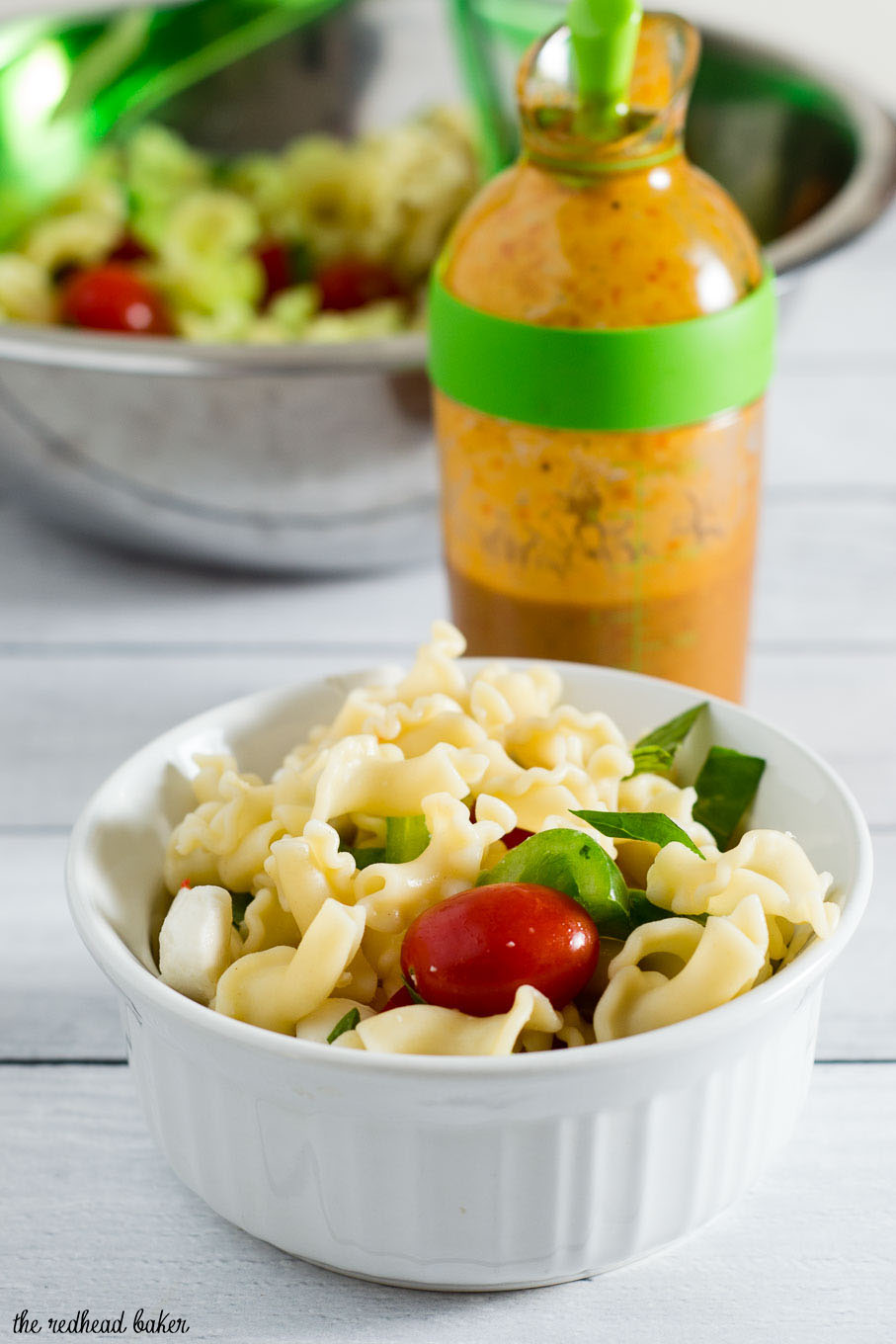 Garden pasta salad combines pasta with fresh garden vegetables, basil, and mozzarella cheese. Serve as a side salad, or add chicken or shrimp to make it a main dish.
