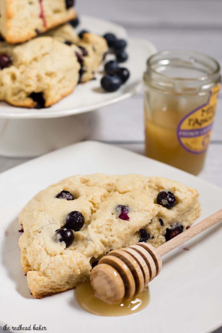 These blueberry scones are sweetened with lavender honey, whose floral sweetness is a delicious complement to the tangy berries.