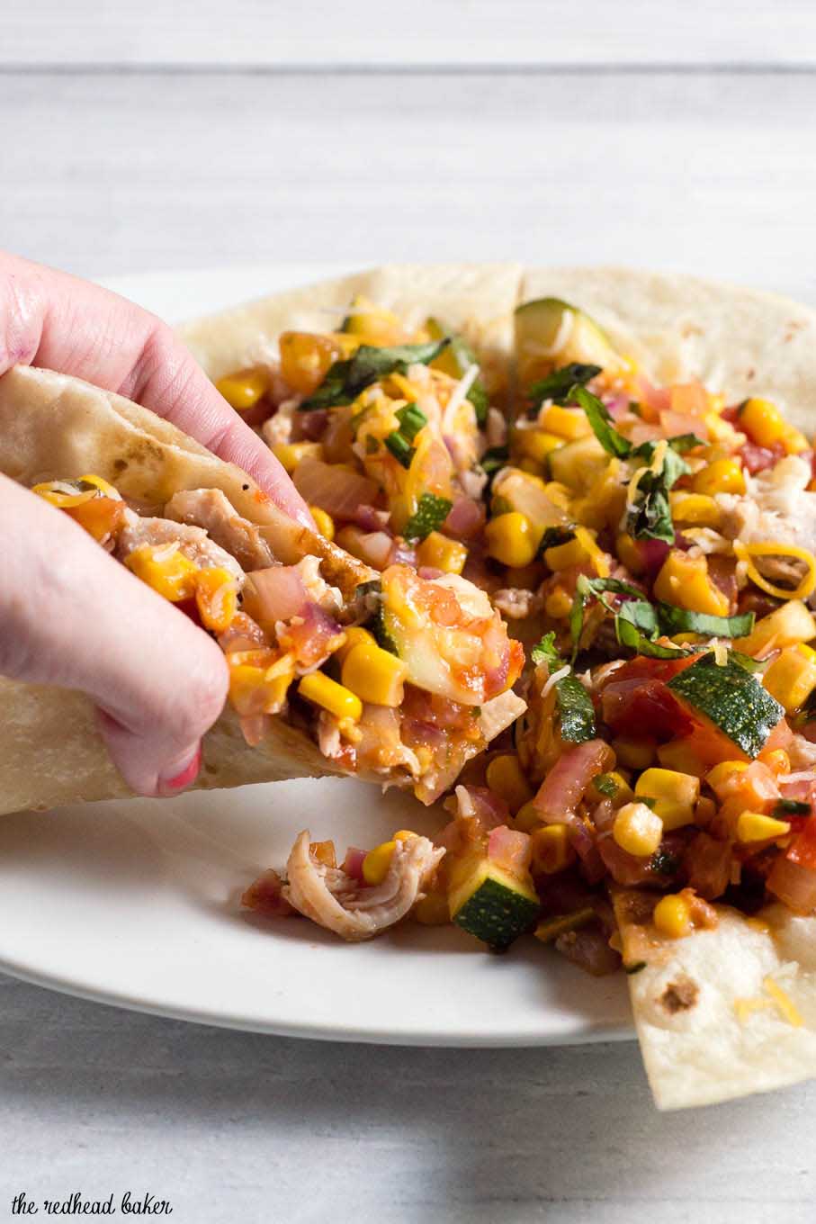 Chicken and summer veggie tostadas are loaded with lots of fresh farmers market vegetables and herbs. It's a healthy meal that's easy enough for any weeknight #FarmersMarketWeek” width=