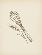 Vintage sketch of a balloon whisk beside a sprig of wheat