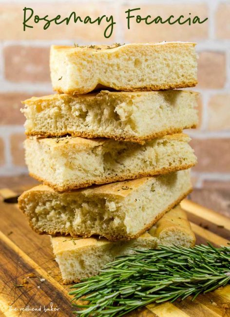 Focaccia is an Italian flat bread similar to the crust of Sicilian pizza. It is moist, chewy, and topped with savory rosemary. 