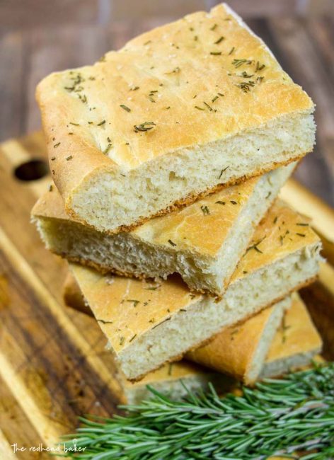 Focaccia is an Italian flat bread similar to the crust of Sicilian pizza. It is moist, chewy, and topped with savory rosemary. 