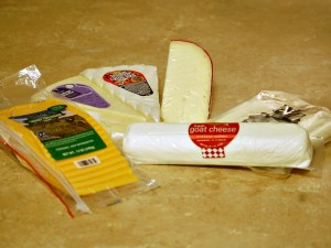 Clockwise from left: Cheddar, Asiago, Brie, Fontina, Fresh mozzarella, and goat cheese