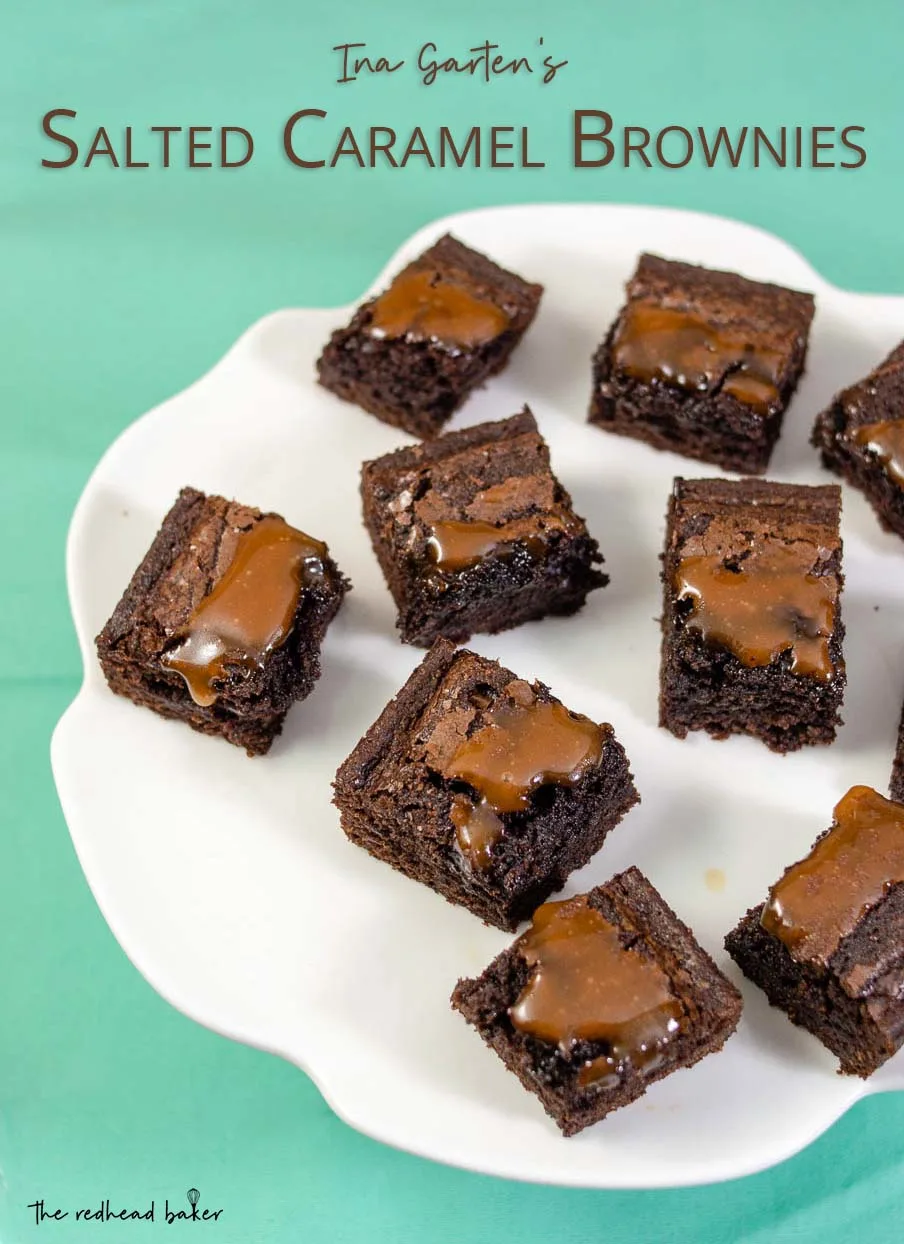 Nine pieces of salted caramel brownies on a serving tray