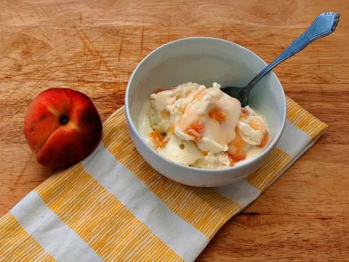 Goat Cheese Ice Cream with Roasted Peaches