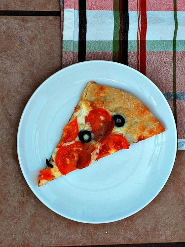 Pizza with Fontina, Tomatoes, Olives and Prosciutto by The Redhead Baker