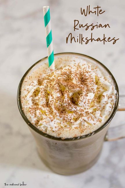 Enjoy the creamy White Russian cocktail as milkshakes! Coffee ice cream, milk, whipped cream vodka and coffee liqueur blend together in a frozen twist on the classic cocktail!