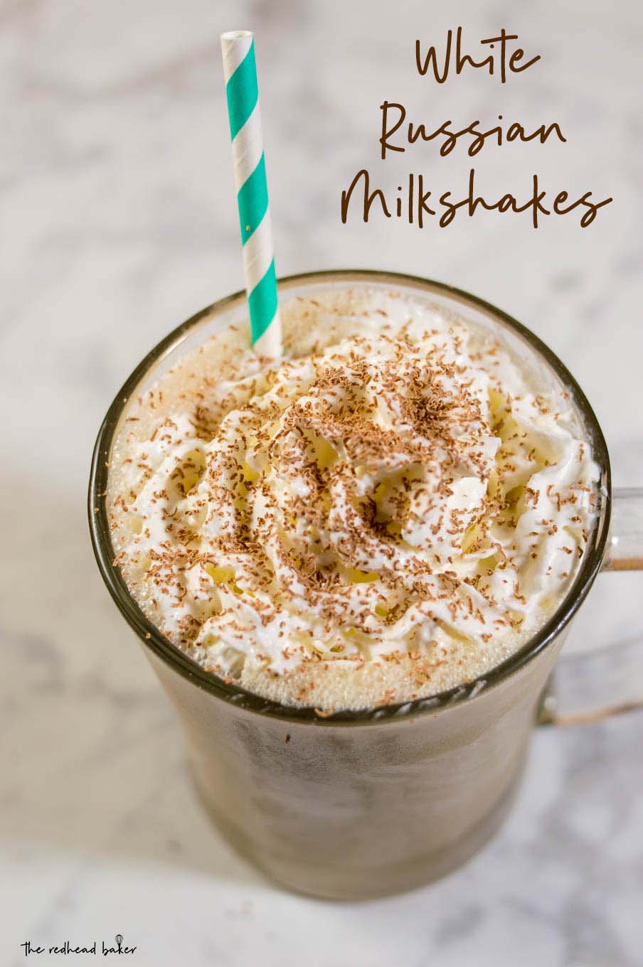 White Russian milkshakes are a twist on the creamy cocktail: coffee ice cream, milk, whipped cream vodka and coffee liqueur blend together in a frozen twist on the classic drink!