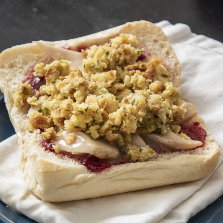 Thanksgiving Leftover Sandwich on a white napkin.