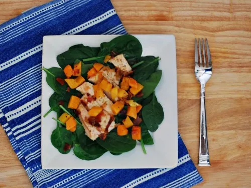 Chicken, Squash and Spinach Salad with Bacon Vinaigrette #WeekdaySupper by @TheRedheadBaker