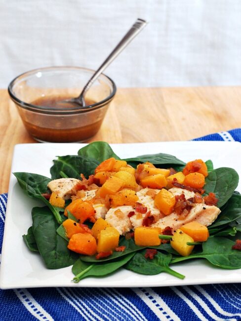 Chicken, Squash and Spinach Salad with Bacon Vinaigrette #WeekdaySupper by @TheRedheadBaker