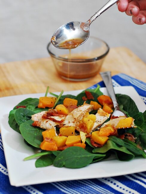 Chicken, Squash and Spinach Salad with Bacon Vinaigrette #WeekdaySupper by @TheRedheadBaker