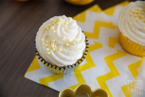 Lemon Curd Filled Cupcakes with Lemon Buttercream Frosting by Tried and Tasty