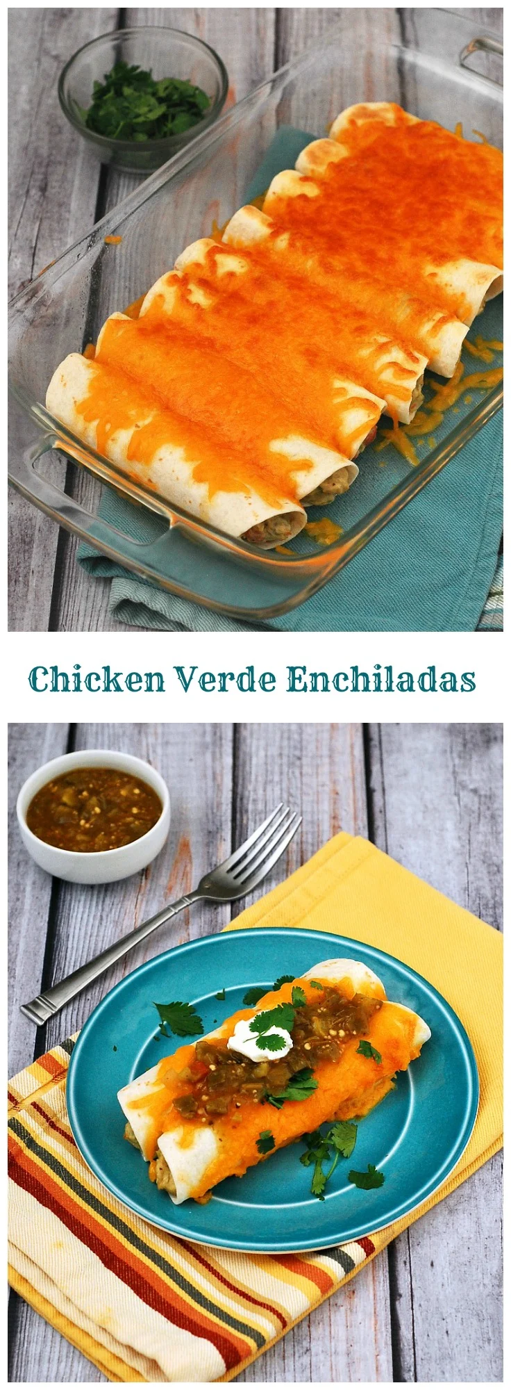 Chicken verde enchiladas are a fast, delicious way to use up leftover chicken. Add a little fiesta to your #WeekdaySupper! theredheadbaker.com