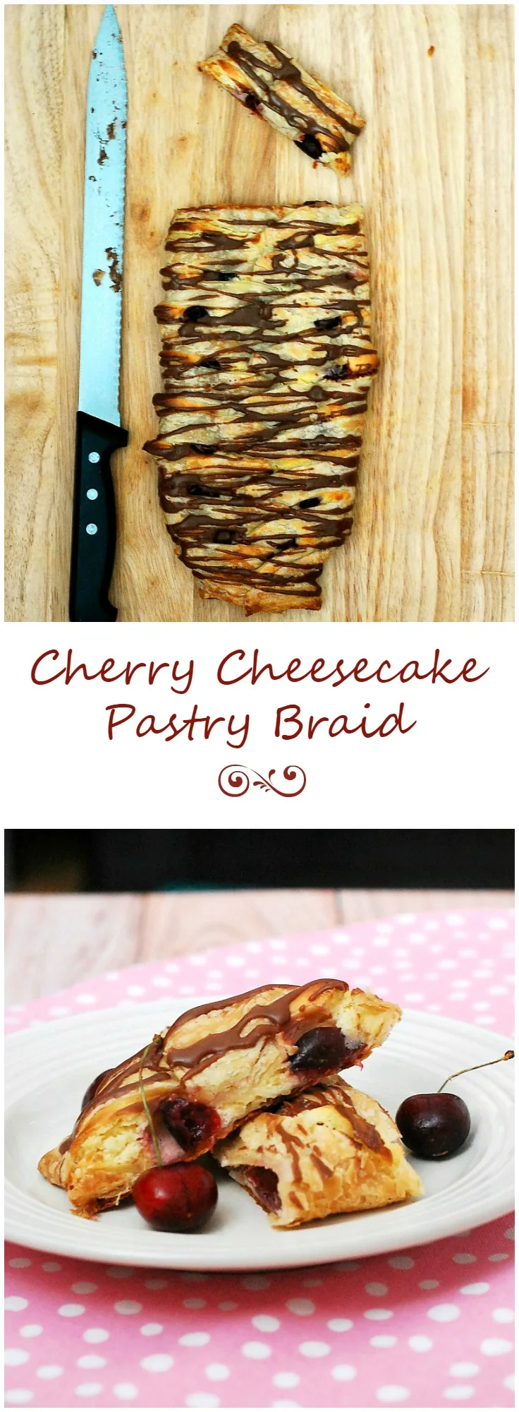 Honor the mothers in your life with this beautiful, decadent cherry cheesecake pastry braid drizzled with chocolate glaze. #SundaySupper theredheadbaker.com