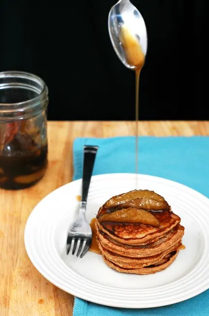 Make your brunch heart-healthy with these cinnamon-oat pancakes, made with rolled oats and Greek yogurt, then drizzle on spiced pear-infused syrup. #BrunchWeek theredheadbaker.com