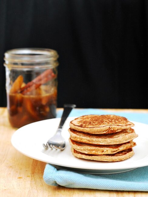 Make your brunch heart-healthy with these cinnamon-oatmeal pancakes, made with rolled oats and Greek yogurt, then drizzle on spiced pear-infused syrup. #BrunchWeek theredheadbaker.com