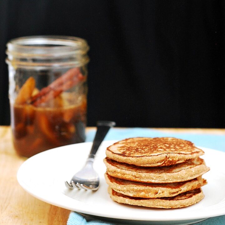 Make your brunch heart-healthy with these cinnamon-oatmeal pancakes, made with rolled oats and Greek yogurt, then drizzle on spiced pear-infused syrup. #BrunchWeek theredheadbaker.com
