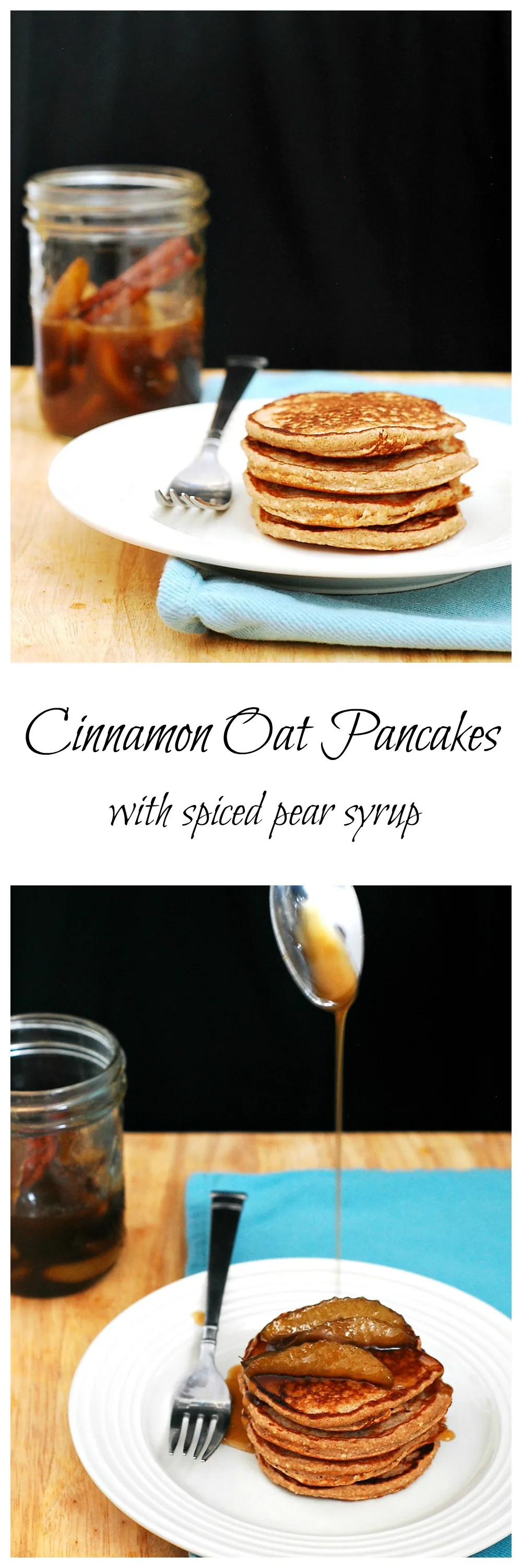 Make your brunch heart-healthy with these cinnamon oat pancakes, made with rolled oats and Greek yogurt, then drizzle on spiced pear-infused syrup. #BrunchWeek theredheadbaker.com