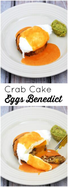 Celebrate #BrunchWeek with a fancy Eggs Benedict: a poached egg sits atop a crab cake, topped with tomato Hollandaise sauce, and served with avocado mash. theredheadbaker.com