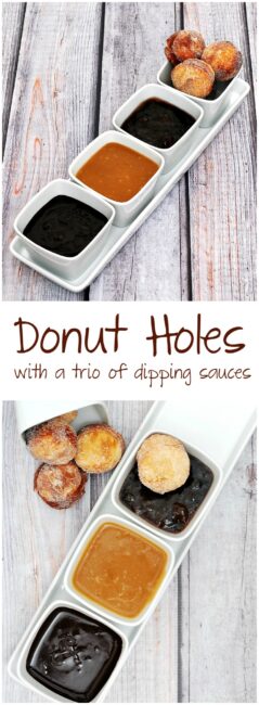 #BrunchWeek continues with sweet sugar-covered fried donut holes, served with three dipping sauces: caramel, chocolate, and blackberry. theredheadbaker.com