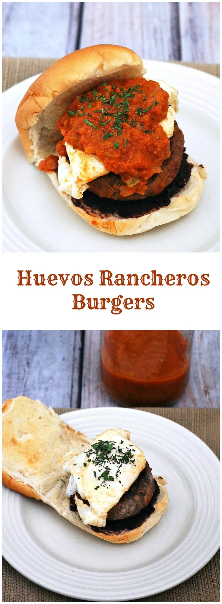 Add a kick to your brunch with huevos rancheros burgers! Spicy chorizo and beef burgers are topped with a poached egg and classic huevos rancheros chili-tomato sauce. #BrunchWeek theredheadbaker.com