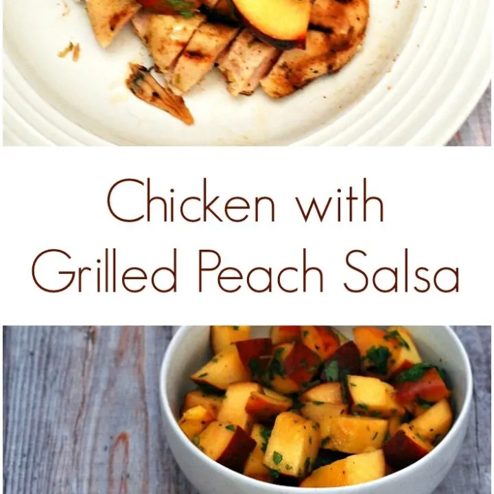 Grilled peach salsa adds a smoky sweet flavor to spiced chicken breasts. Use thin-sliced chicken breasts to cut down on cooking time. #CLBlogger