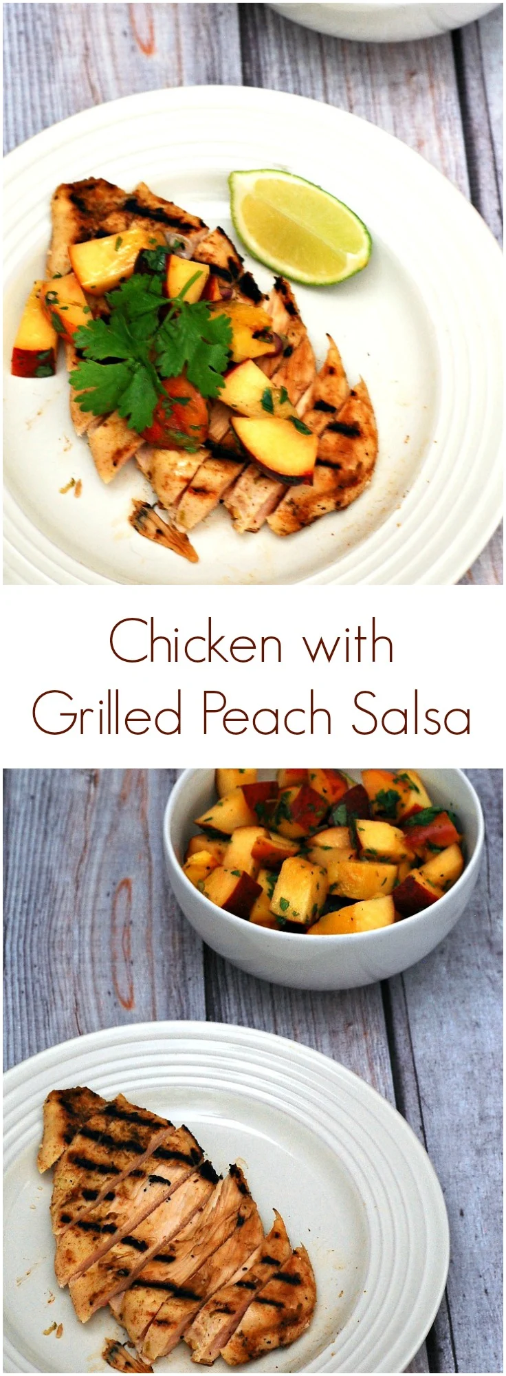 Grilled peach salsa adds a smoky sweet flavor to spiced chicken breasts. Use thin-sliced chicken breasts to cut down on cooking time. #CLBlogger