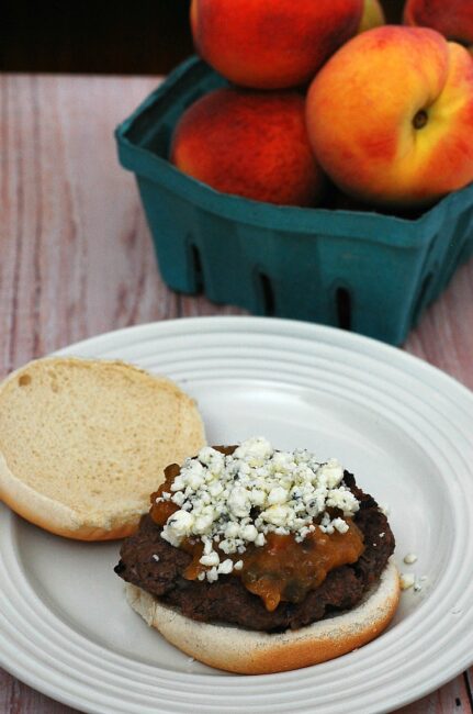 Smoky-sweet barbecue sauce made from local New Jersey peaches, sits atop balsamic burgers. This meal tastes like summer on a plate! #WeekdaySupper