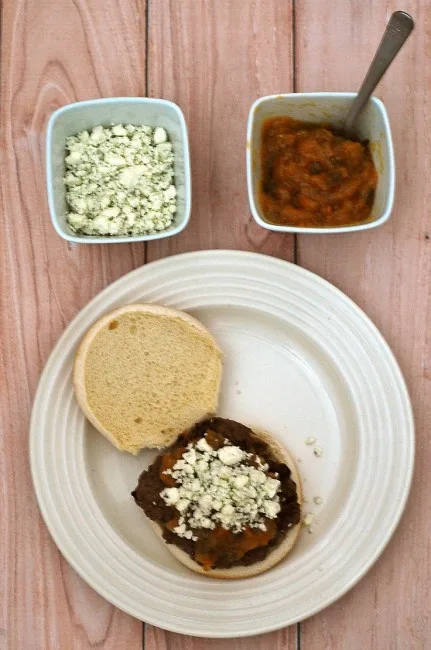 Smoky-sweet barbecue sauce made from local New Jersey peaches, sits atop balsamic burgers. This meal tastes like summer on a plate! #WeekdaySupper