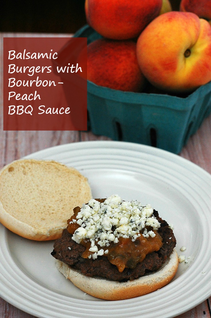 Smoky-sweet barbecue sauce made from local New Jersey peaches, sits atop balsamic burgers. This meal tastes like summer on a plate! #WeekdaySupper