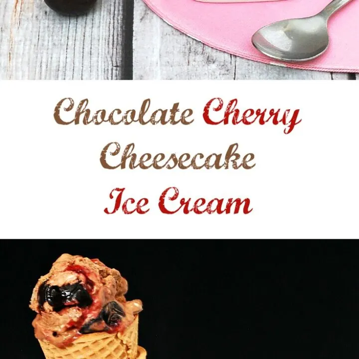 Rich chocolate cheesecake ice cream with swirls of roasted cherries with a hint of vanilla — it's easy to make but so hard to stop eating! theredheadbaker.com