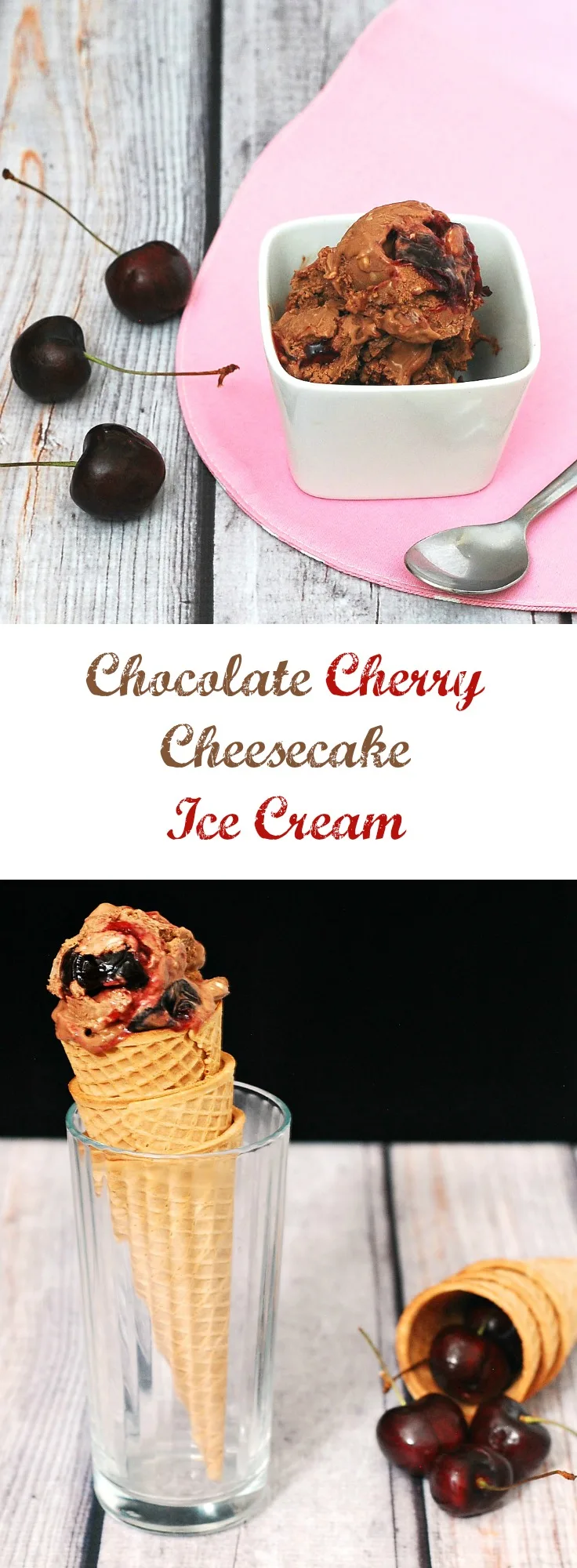 Rich chocolate cheesecake ice cream with swirls of roasted cherries with a hint of vanilla — it's easy to make but so hard to stop eating! theredheadbaker.com