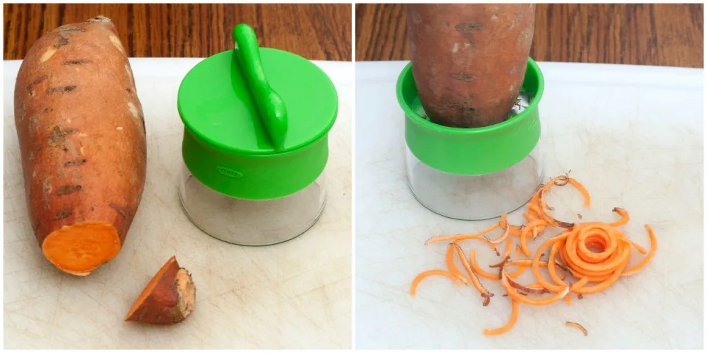 Sweet potato noodle salad swaps spiralized sweet potatos for pasta, served over spinach and apples with a delicious and tangy warm sage-brown-butter dressing. TheRedheadBaker.com