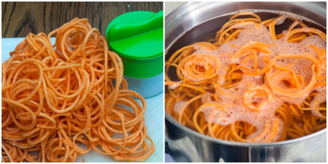 Sweet potato noodle salad swaps spiralized sweet potatos for pasta, served over spinach and apples with a delicious and tangy warm sage-brown-butter dressing. TheRedheadBaker.com