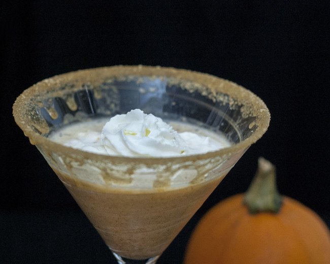 If you find pre-made pumpkin liqueur too cloying, you'll love this pumpkin pie martini made with real pumpkin and spices. #PumpkinWeek