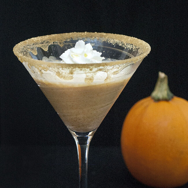 If you find pre-made pumpkin liqueur too cloying, you'll love this pumpkin pie martini made with real pumpkin and spices. #PumpkinWeek