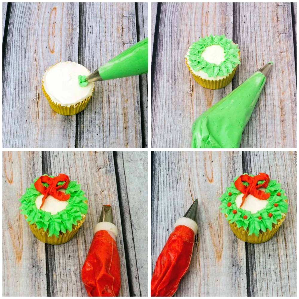 In this Christmas Wreath Cupcake tutorial, I show you how to turn your favorite cupcake into a festive Christmas wreath with some red and green icing and a few simple tools.