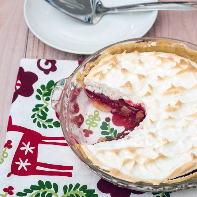 If you like lemon meringue pie, you'll love this holiday cranberry meringue pie, which uses cranberry curd filling instead of lemon, topped with sweetened whipped egg whites.